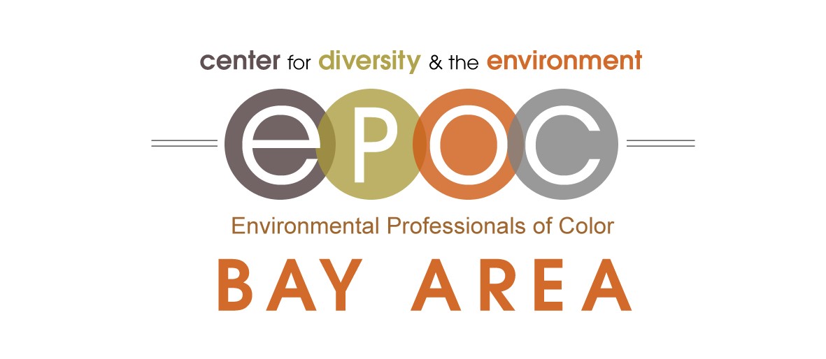 EPOC Bay Area logo. The text "center for diversity & the environment" is in clean, smaller font across the top, with the words "center", "diversity" and "environment" bolded and each of these three words a different color. Below this, big white letters "e", "p", "o", "c" are each encased in a different color-filled, semi-transparent circle, each slightly overlapping with the circles next to it. Below this, in crisp but smaller font, brown text reads "Environmental Professionals of Color". Finally, at the bottom of the logo, the text "Bay Area" is in all caps, in a muted reddish orange color that matches the "o" circle in the center and the "environment" text at the top.